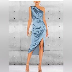 Chic One-Shoulder Satin Dress in Blue size small